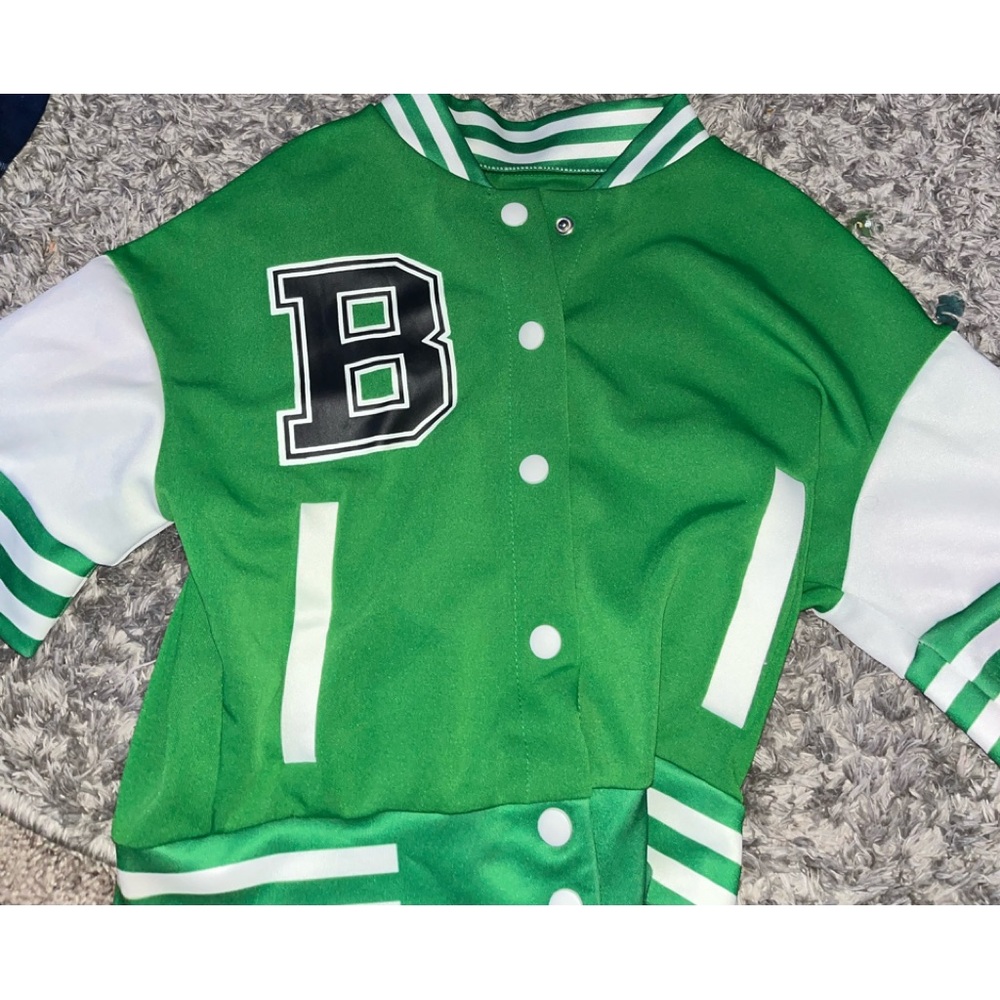 Green varsity jacket with a B